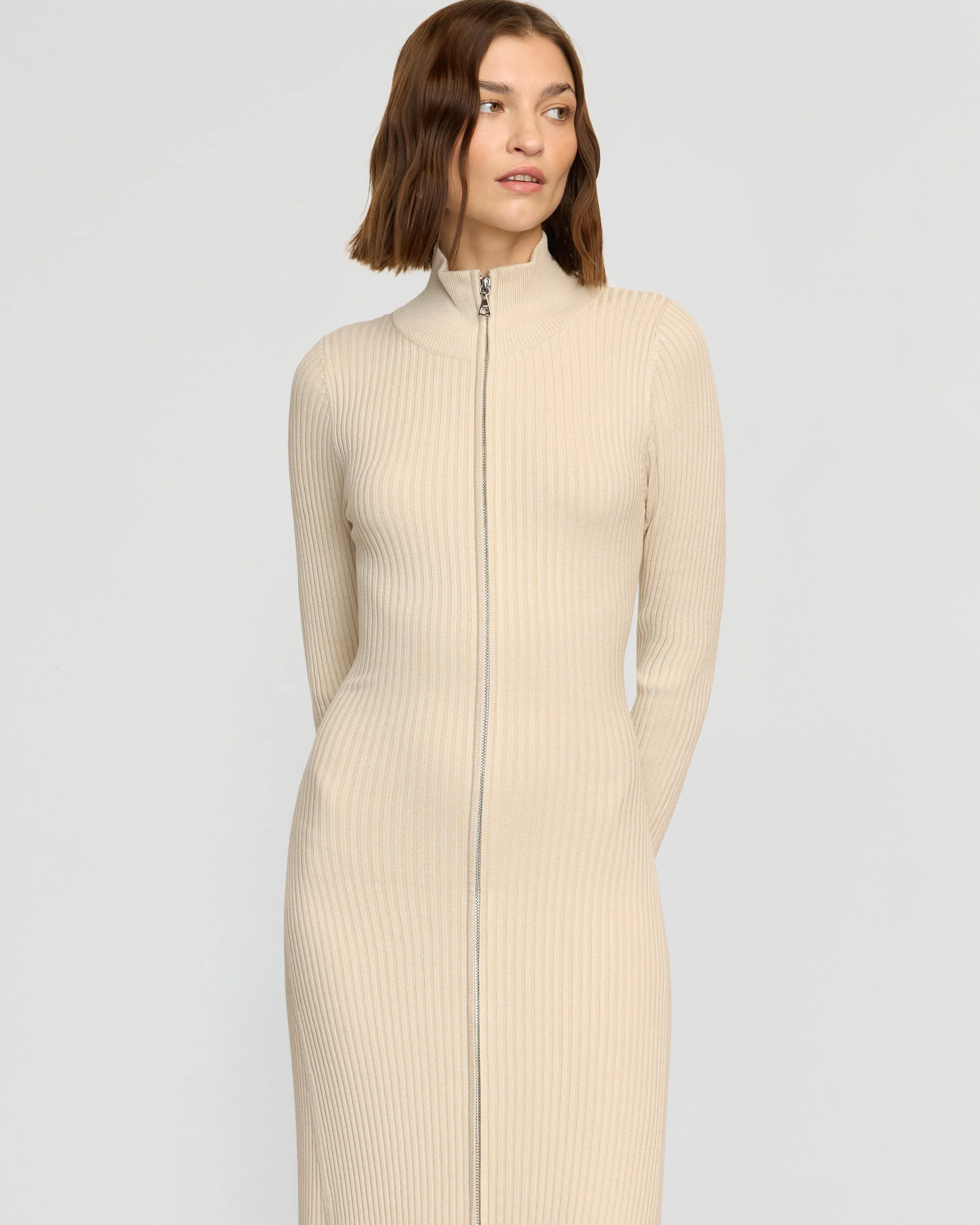 Janne Ribbed Two-Way Zip Sweater Dress Sophisticated Design Comfy and Elegant