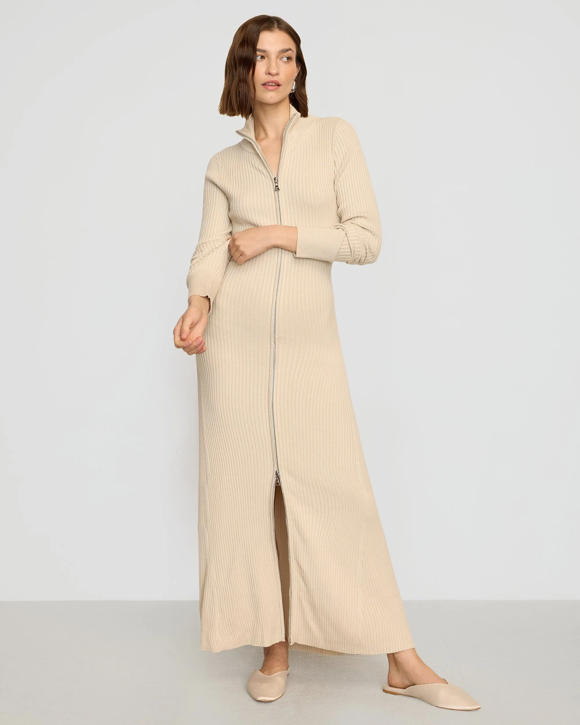 Janne Ribbed Two-Way Zip Sweater Dress Daywear Comfort Soft Pleats