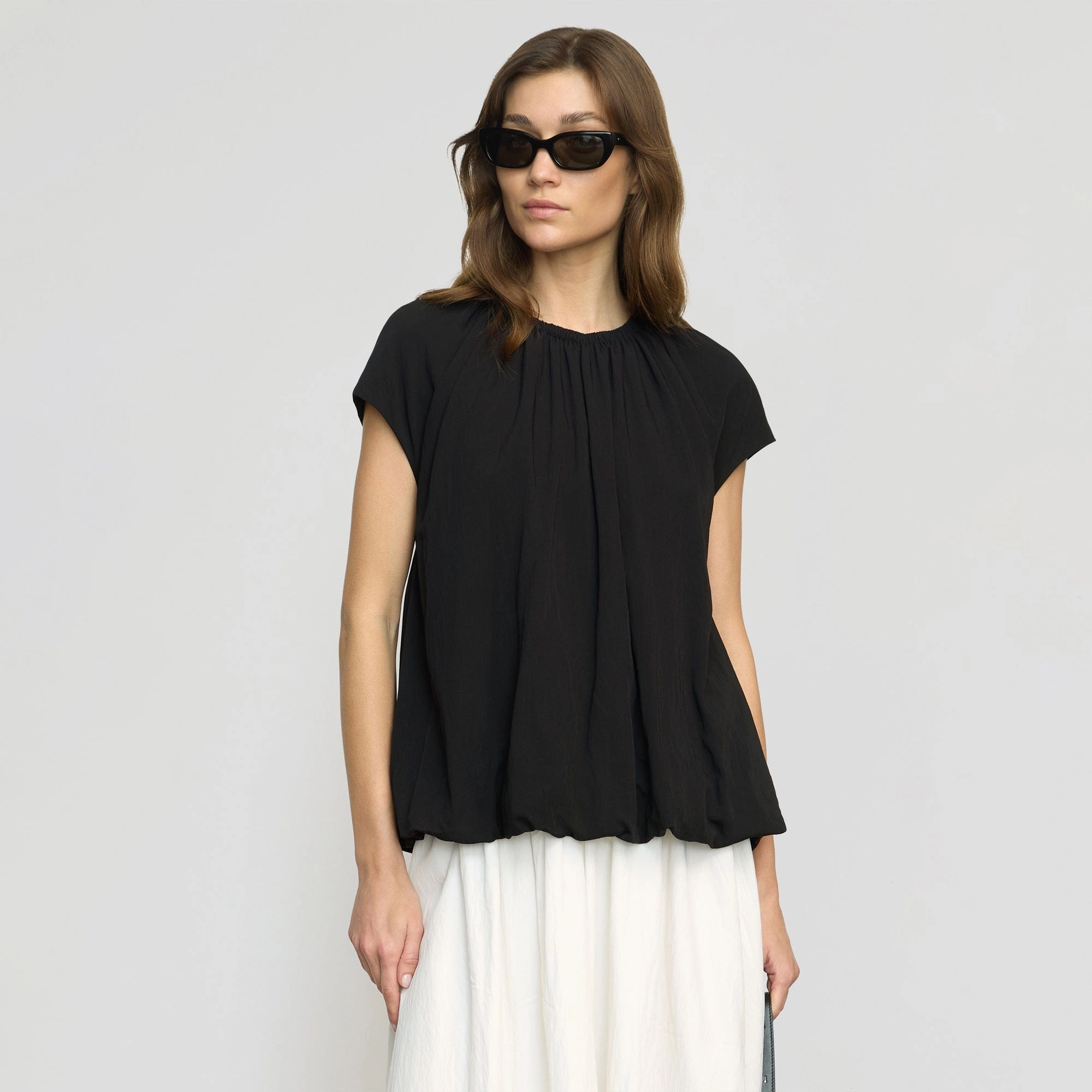 Orinda Shirred-Neck Bubble-Hem Blouse Ergonomic Fit Design