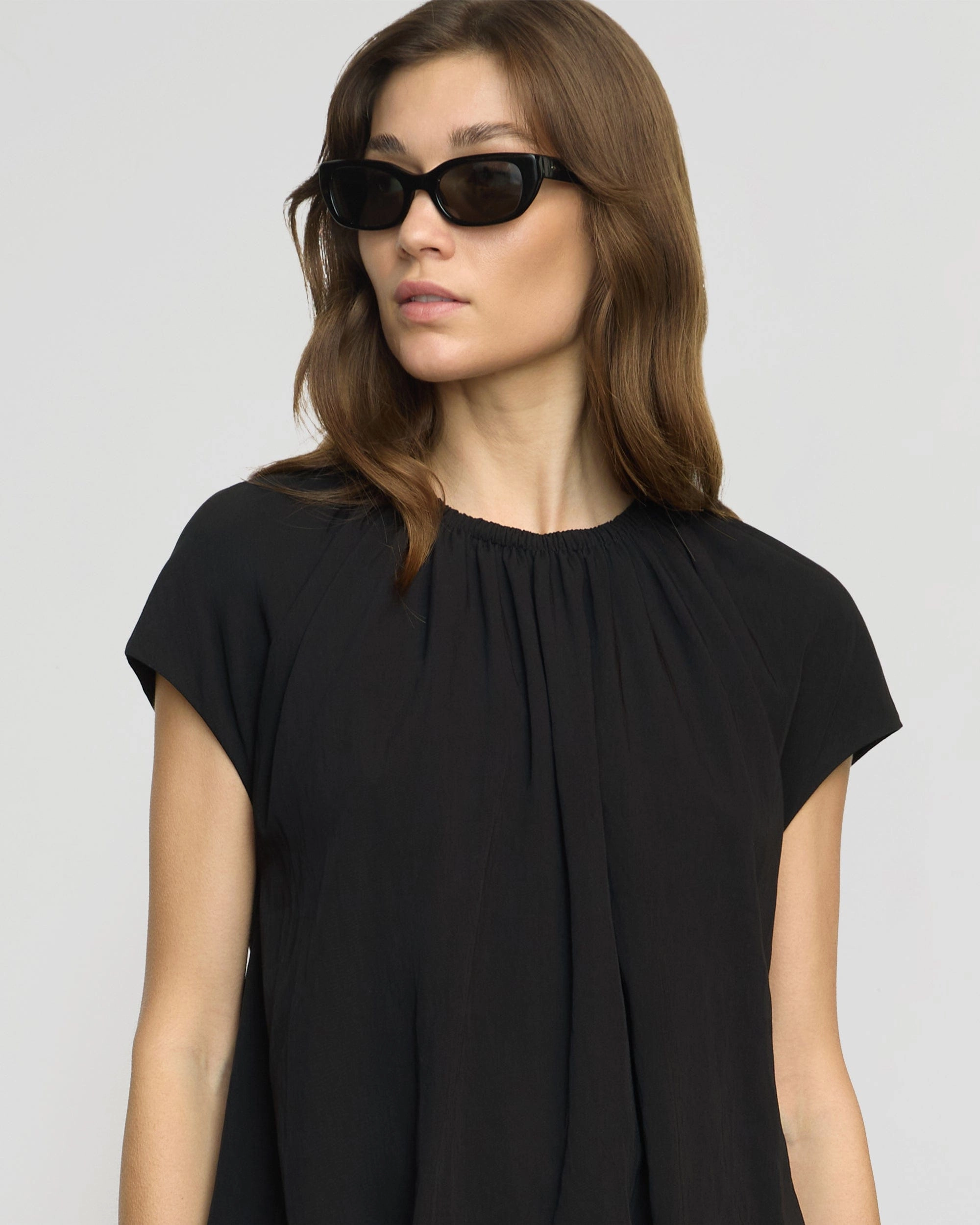 Orinda Shirred-Neck Bubble-Hem Blouse V-neck Shirt