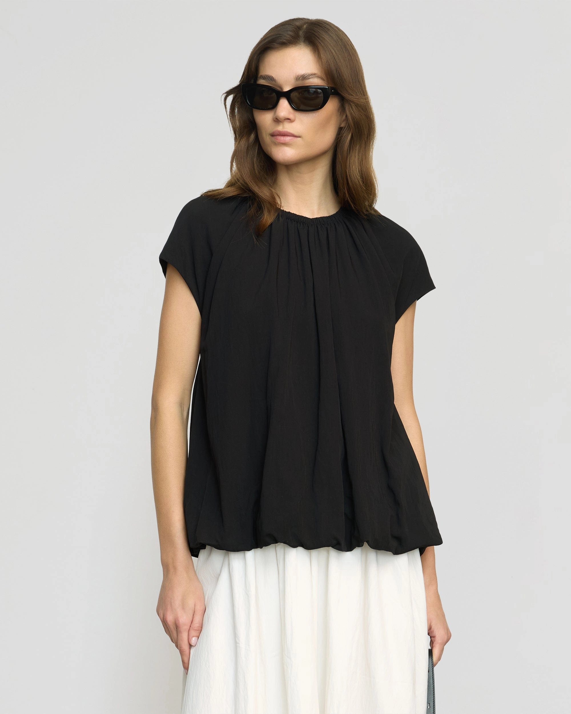 BrushedInnerLining Orinda Shirred-Neck Bubble-Hem Blouse