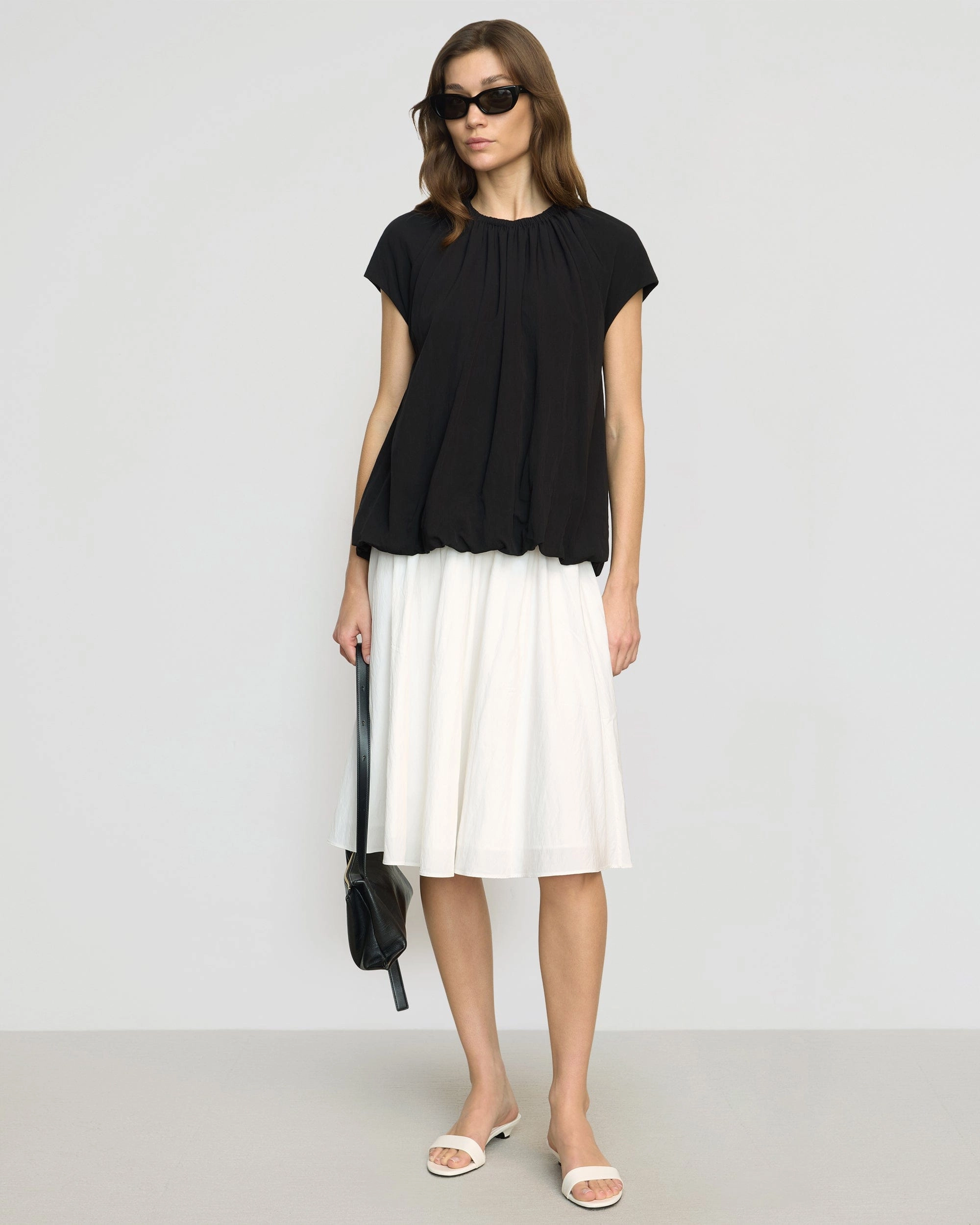 HighCollar Design Thermal Insulation Core Orinda Shirred-Neck Bubble-Hem Blouse