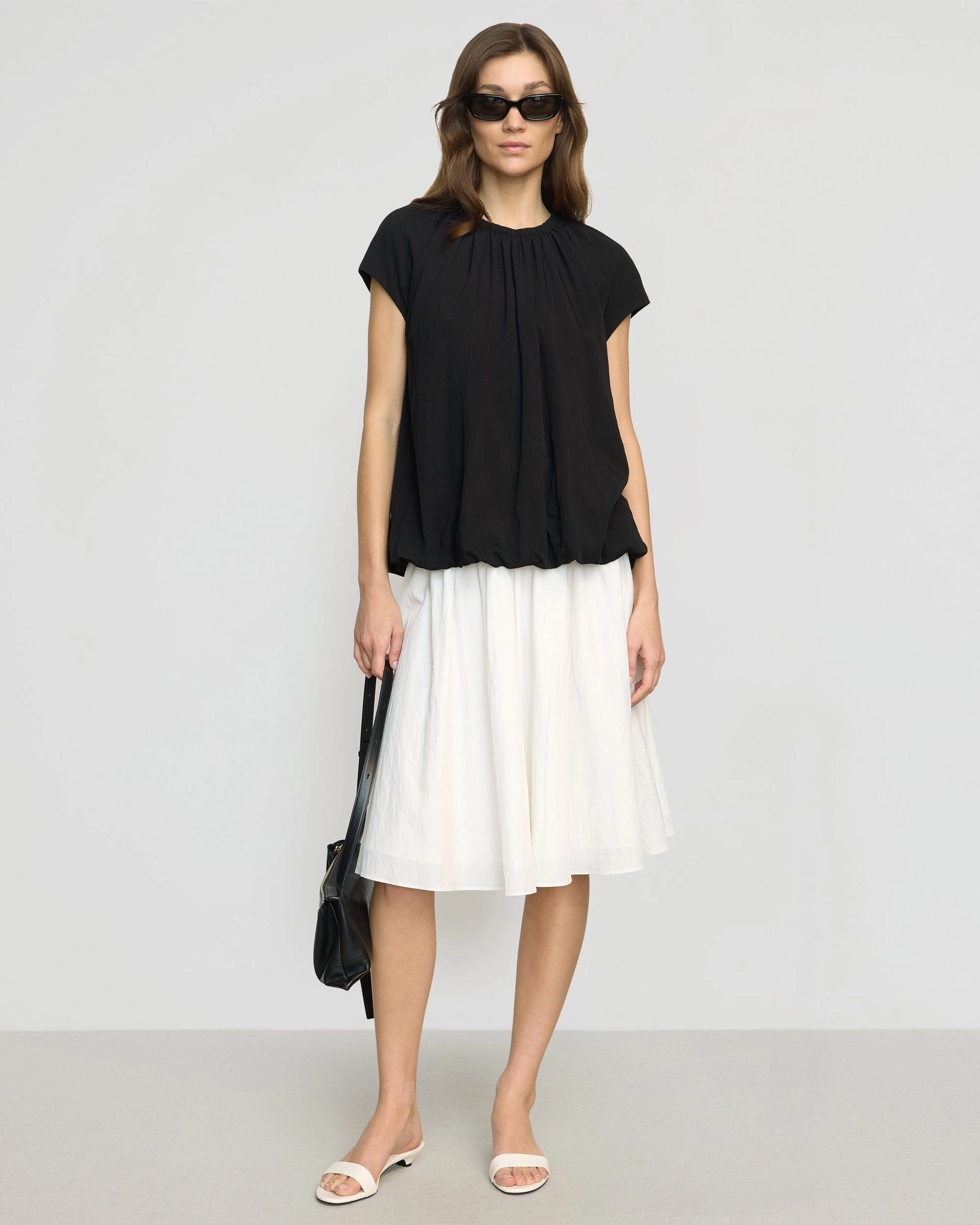 Orinda Shirred-Neck Bubble-Hem Blouse PuckerFree Surface