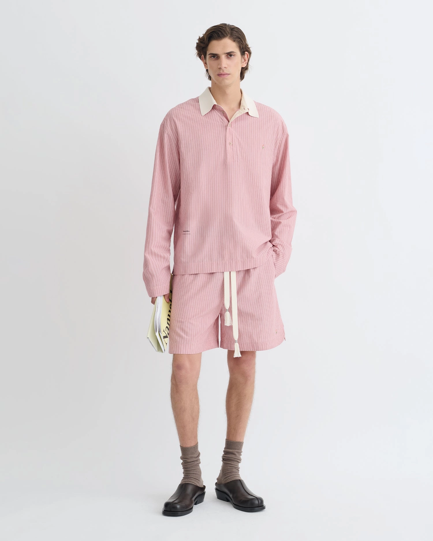 Taron - Striped Polo Neck Top - Pink ContrastStitching
