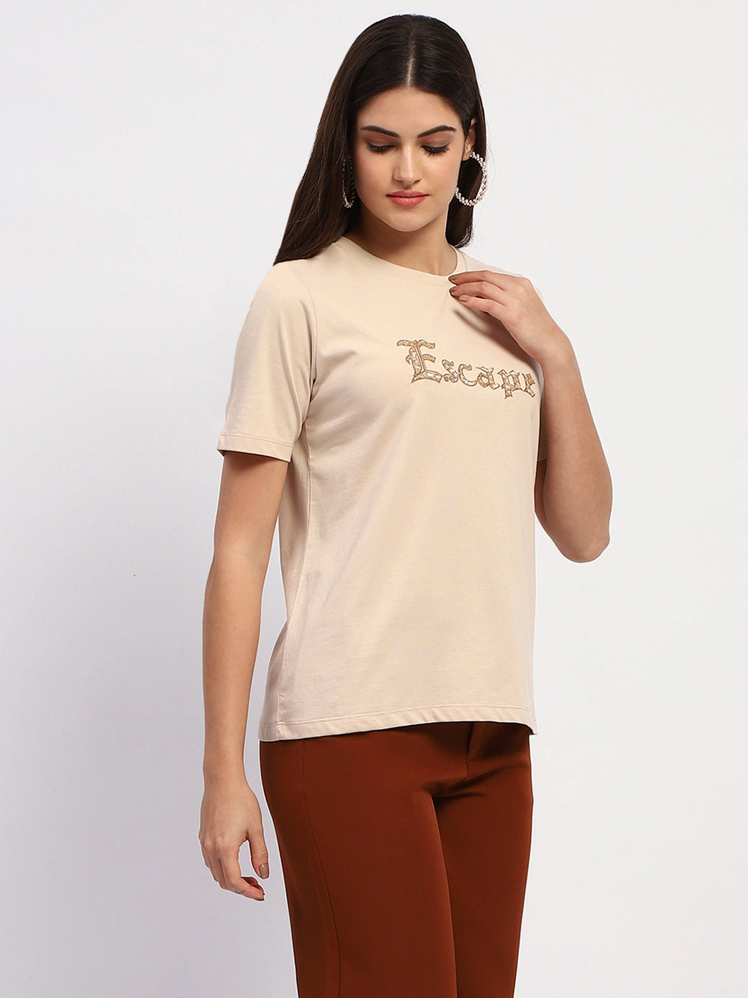 CrossGrain Fabric Madame Typography Print Crew Neck Cotton Beige Top