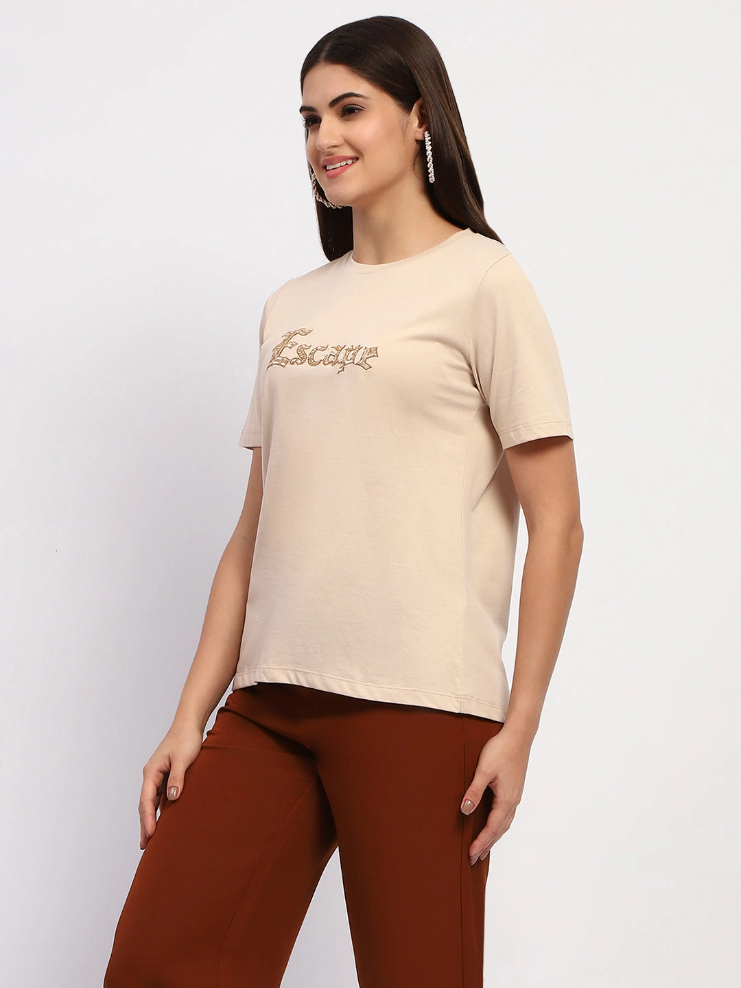 BreathableMeshPanel Madame Typography Print Crew Neck Cotton Beige Top
