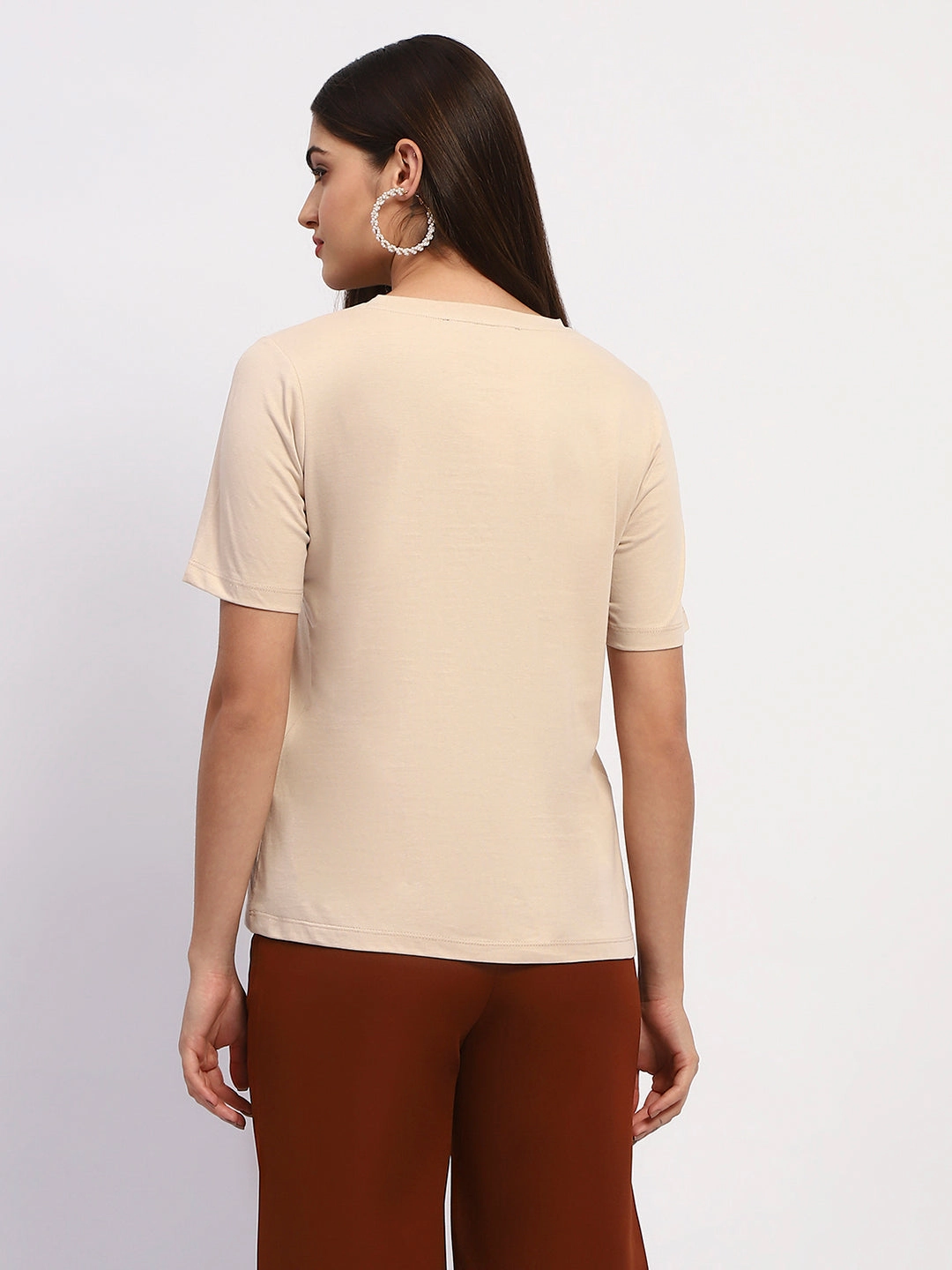 NaturalFiberBlend Madame Typography Print Crew Neck Cotton Beige Top