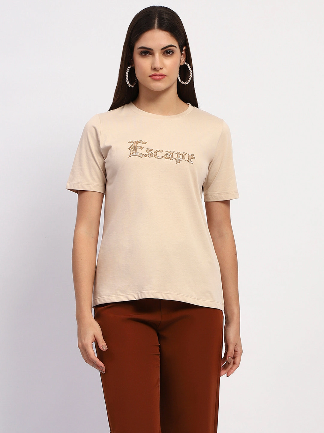 Madame Typography Print Crew Neck Cotton Beige Top HeavyweightThermal