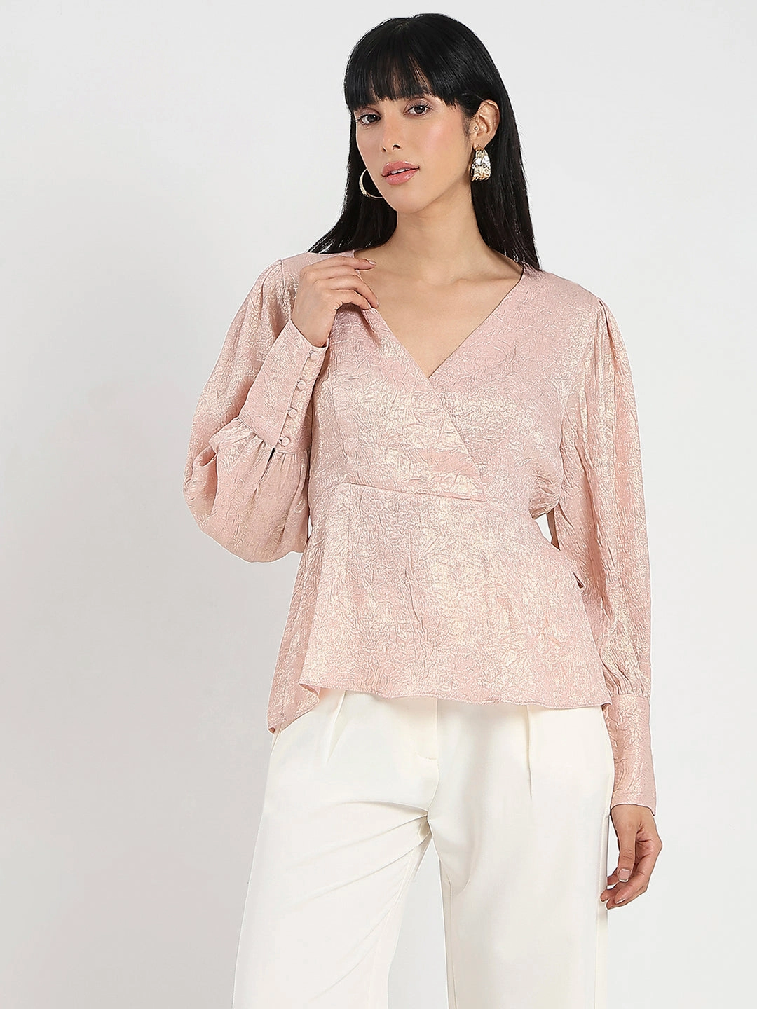 Relaxed Top Madame Textured Pleat Detail Cinch Waist Peach Top