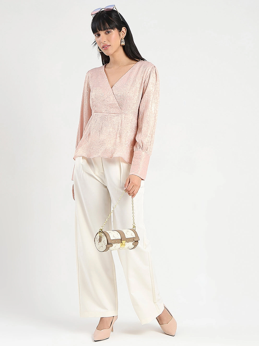 Weighted Hem Madame Textured Pleat Detail Cinch Waist Peach Top