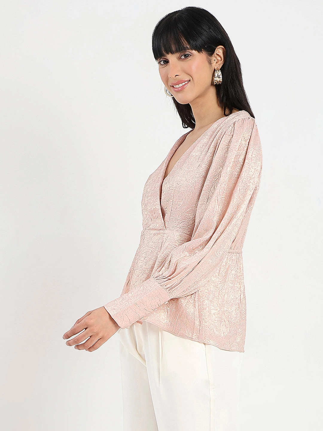 Madame Textured Pleat Detail Cinch Waist Peach Top Compression Fit Technology