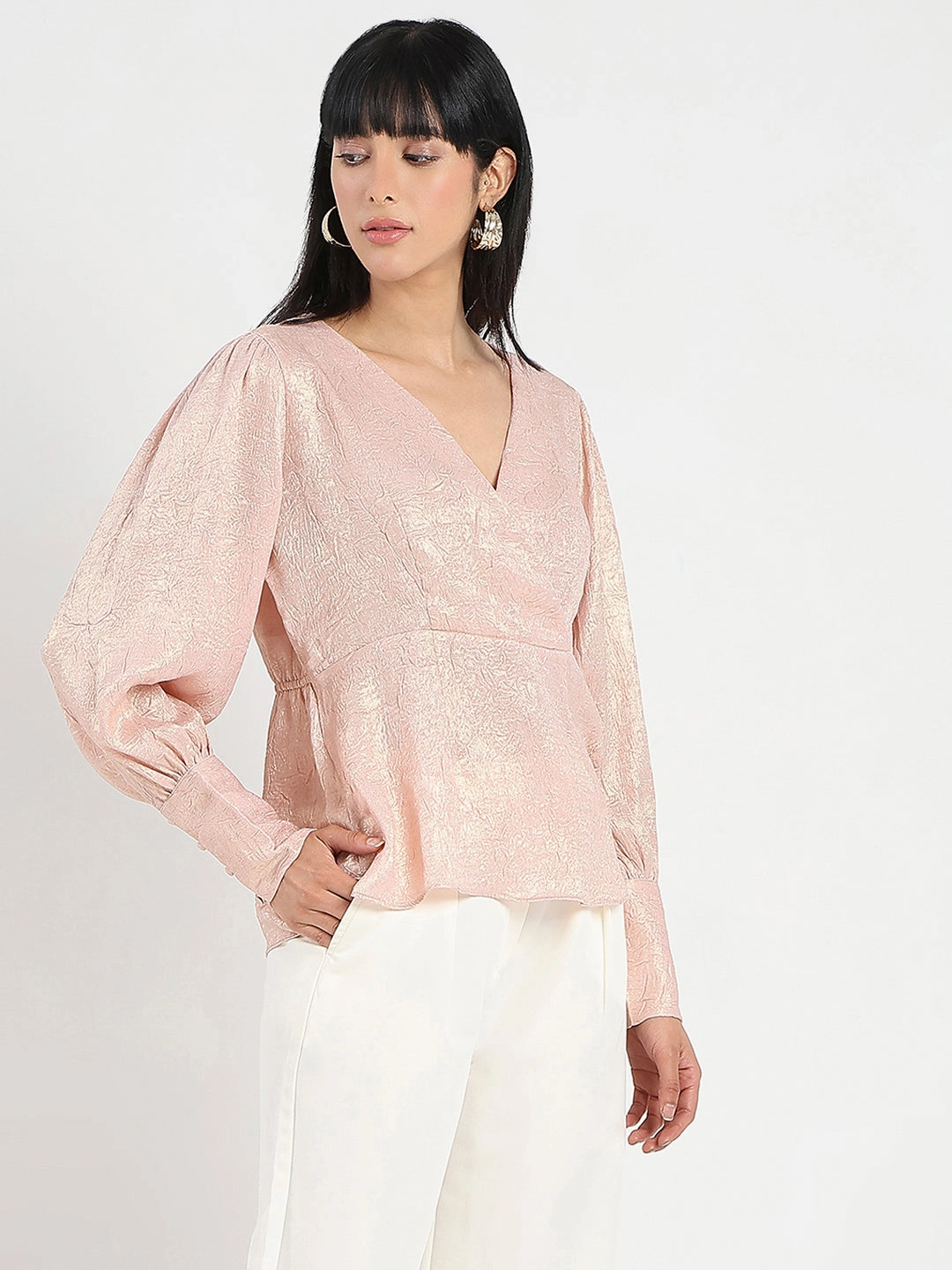 Madame Textured Pleat Detail Cinch Waist Peach Top Interlock Stitching Smooth Seam Transition