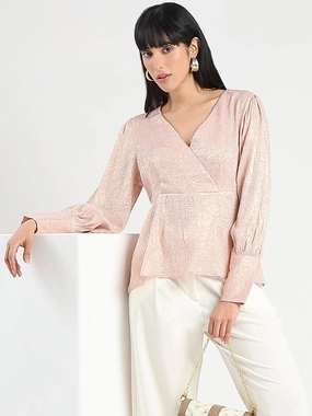FoamReinforcedCollar Madame Textured Pleat Detail Cinch Waist Peach Top