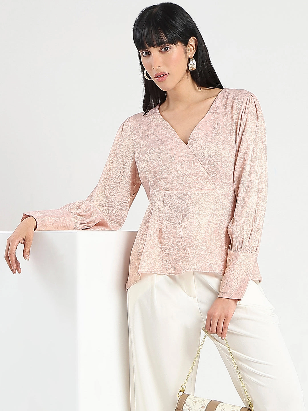 FoamReinforcedCollar Madame Textured Pleat Detail Cinch Waist Peach Top