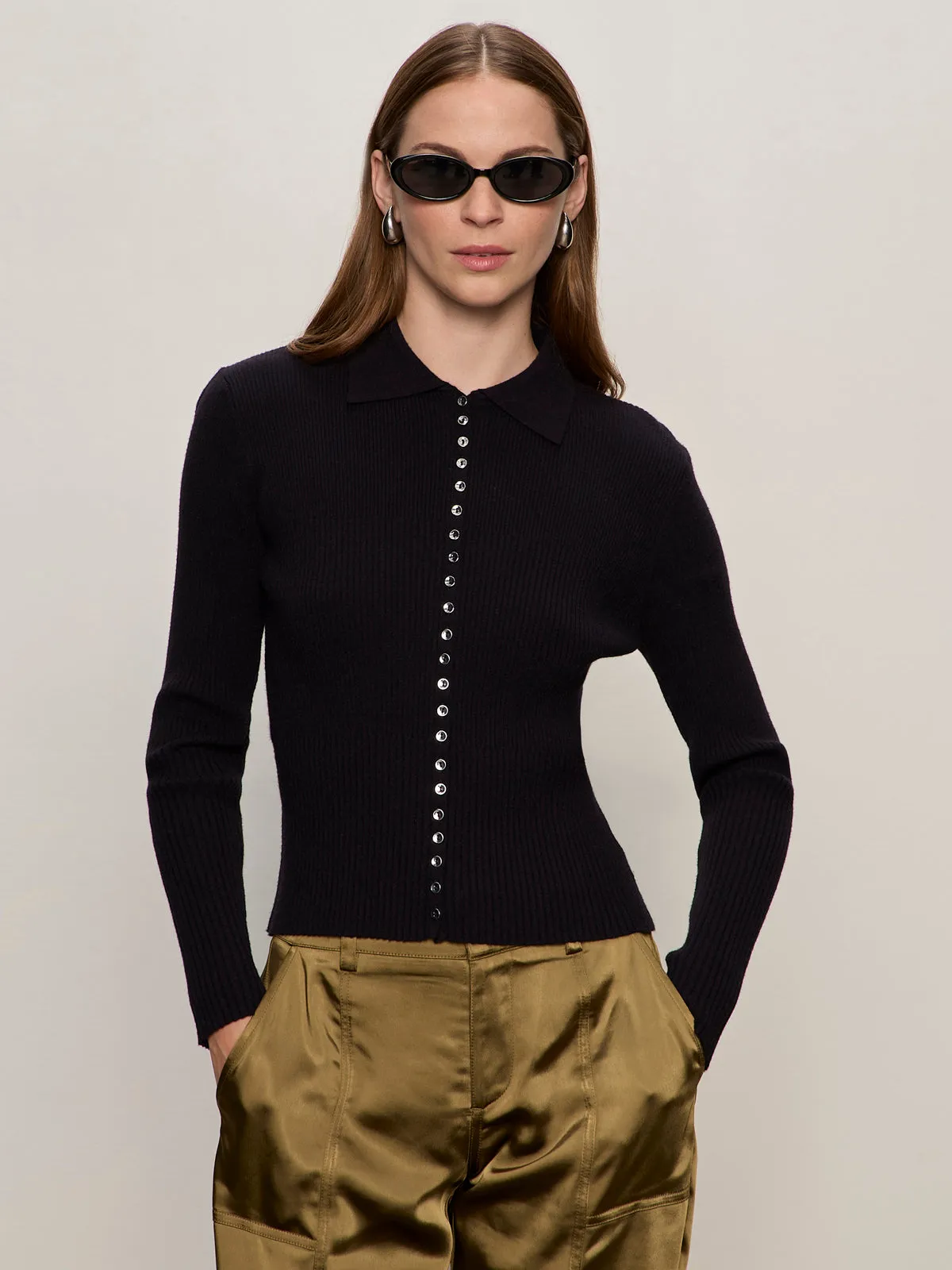 Ribbed Hem Finish Button Down Variegated Cardi Black