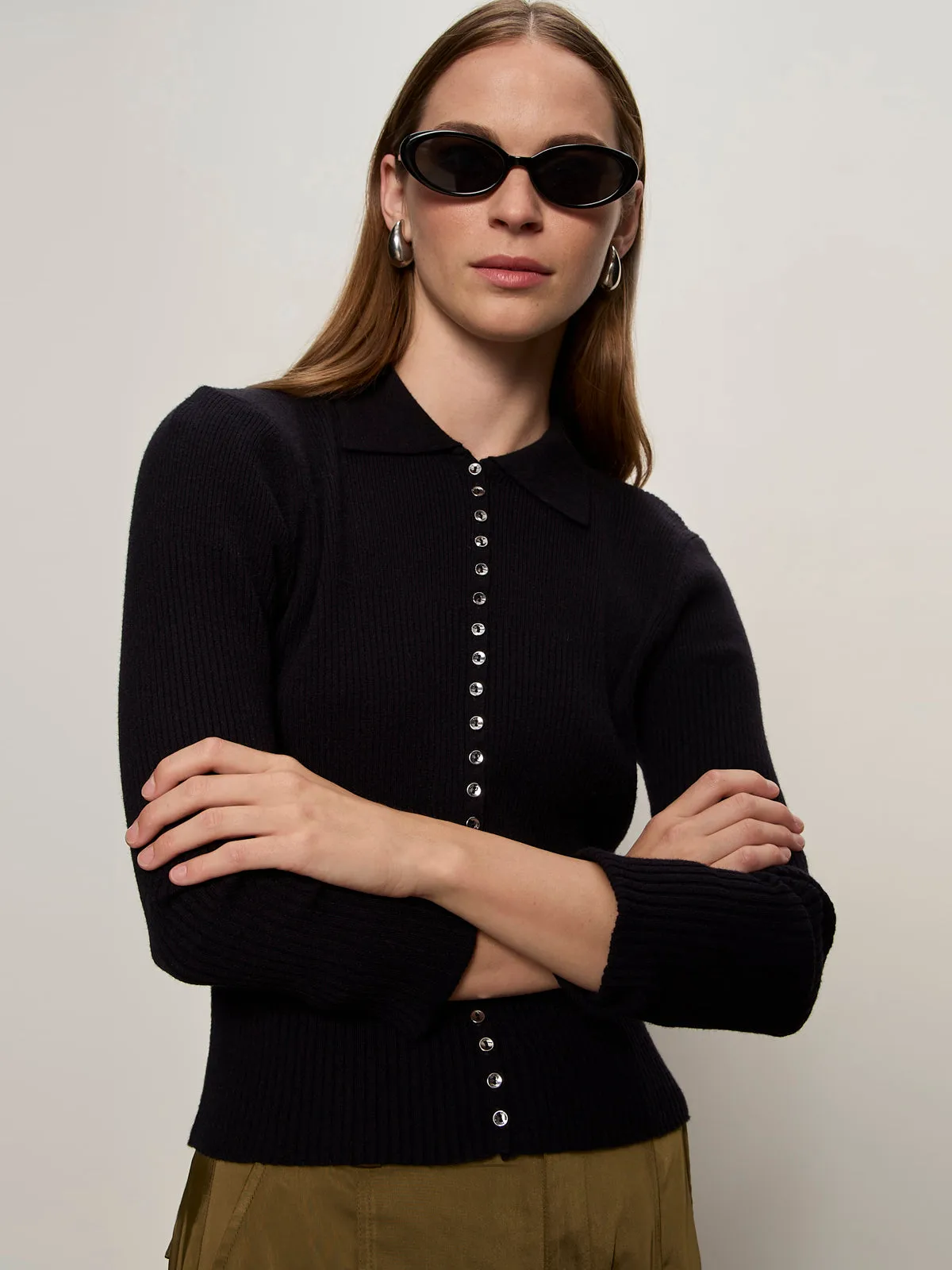 Button Down Variegated Cardi Black Versatile Design EcoFriendly Dye