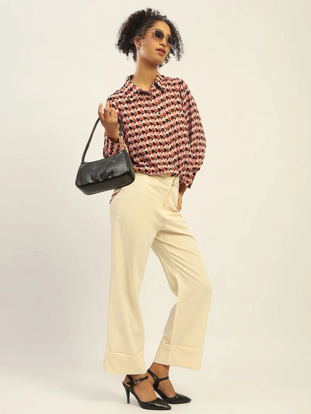 Madame Geometric Printed Rust And Brown Shirt Quick Release Placket Multipurpose Layering Fabric