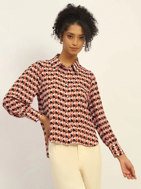 Versatile Fit Madame Geometric Printed Rust And Brown Shirt