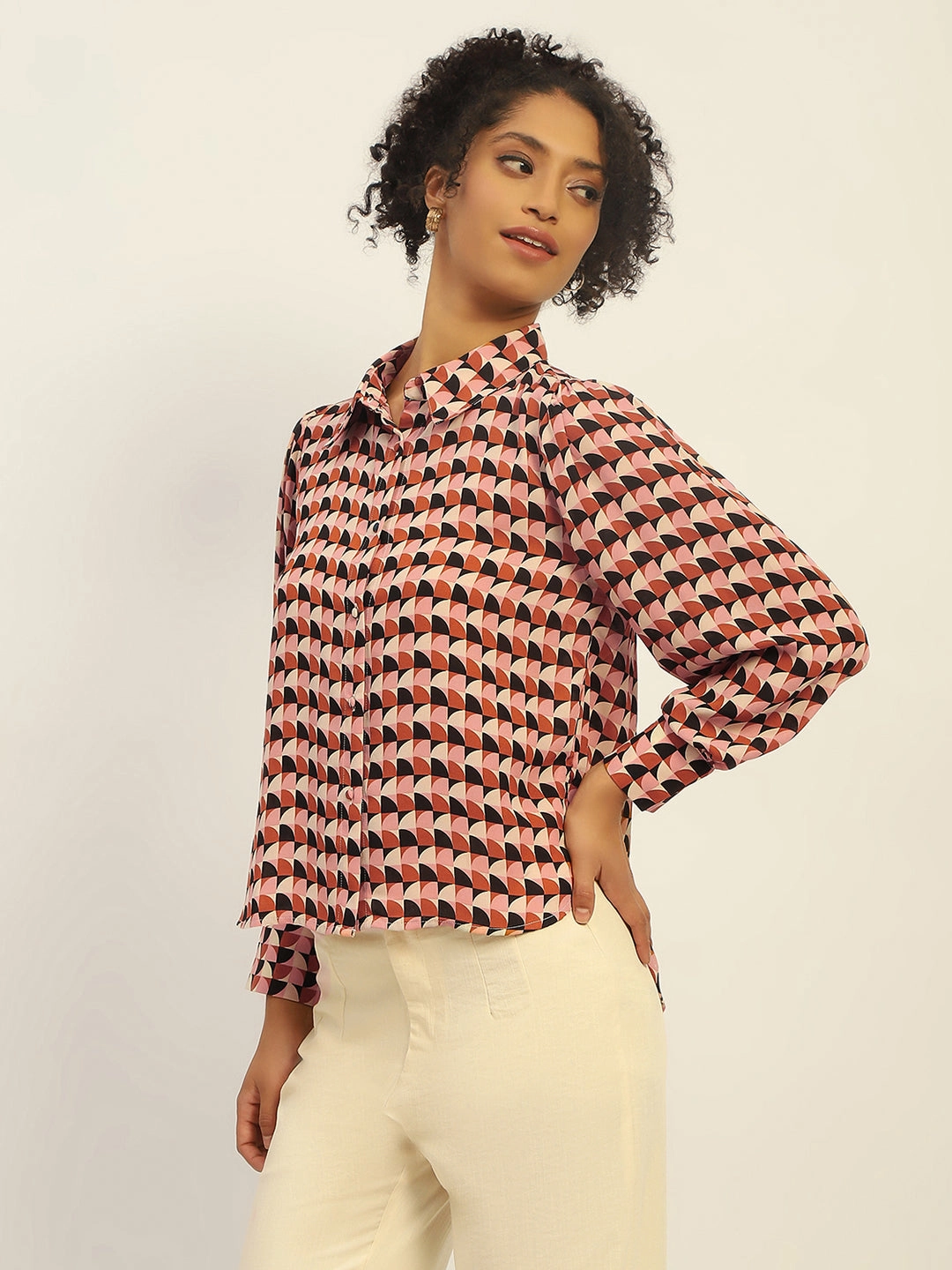 Job Interview Seasonal Wear Madame Geometric Printed Rust And Brown Shirt