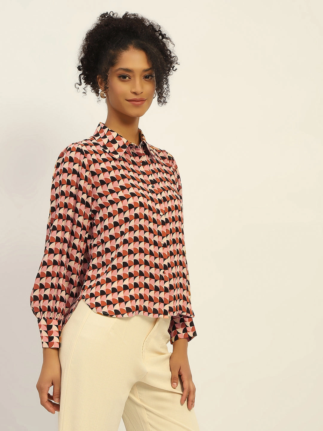 Madame Geometric Printed Rust And Brown Shirt Street Chic