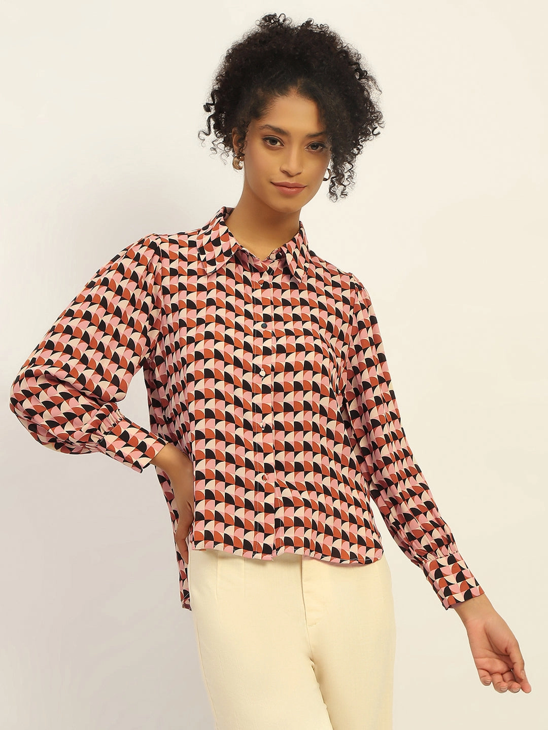 Versatile Fit Madame Geometric Printed Rust And Brown Shirt