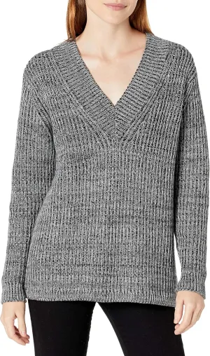 Cable Stitch Women's Chunky Knit Marled V-Neck Sweater - Long Sleeve Oversized Shaker Fisherman Stitch Cotton Pullover Top