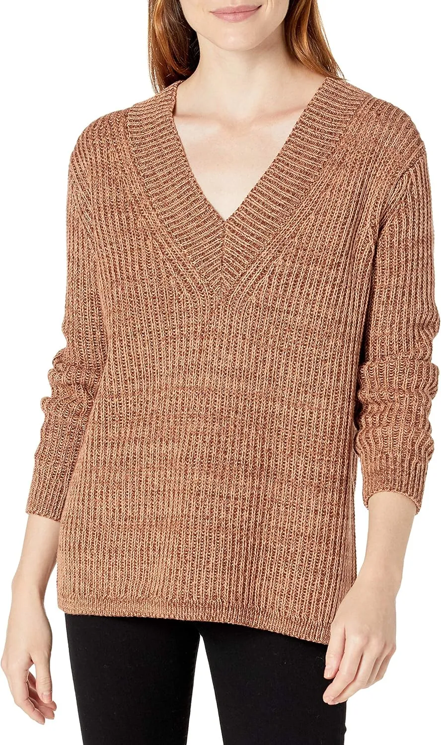 Cable Stitch Women's Chunky Knit Marled V-Neck Sweater - Long Sleeve Oversized Shaker Fisherman Stitch Cotton Pullover Top