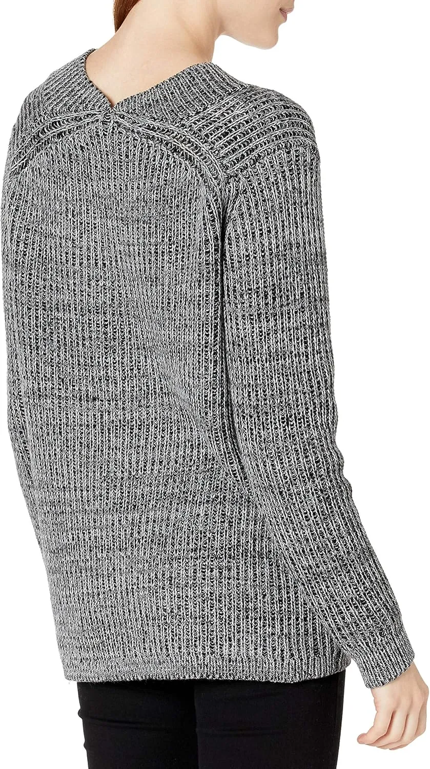 Cable Stitch Women's Chunky Knit Marled V-Neck Sweater - Long Sleeve Oversized Shaker Fisherman Stitch Cotton Pullover Top