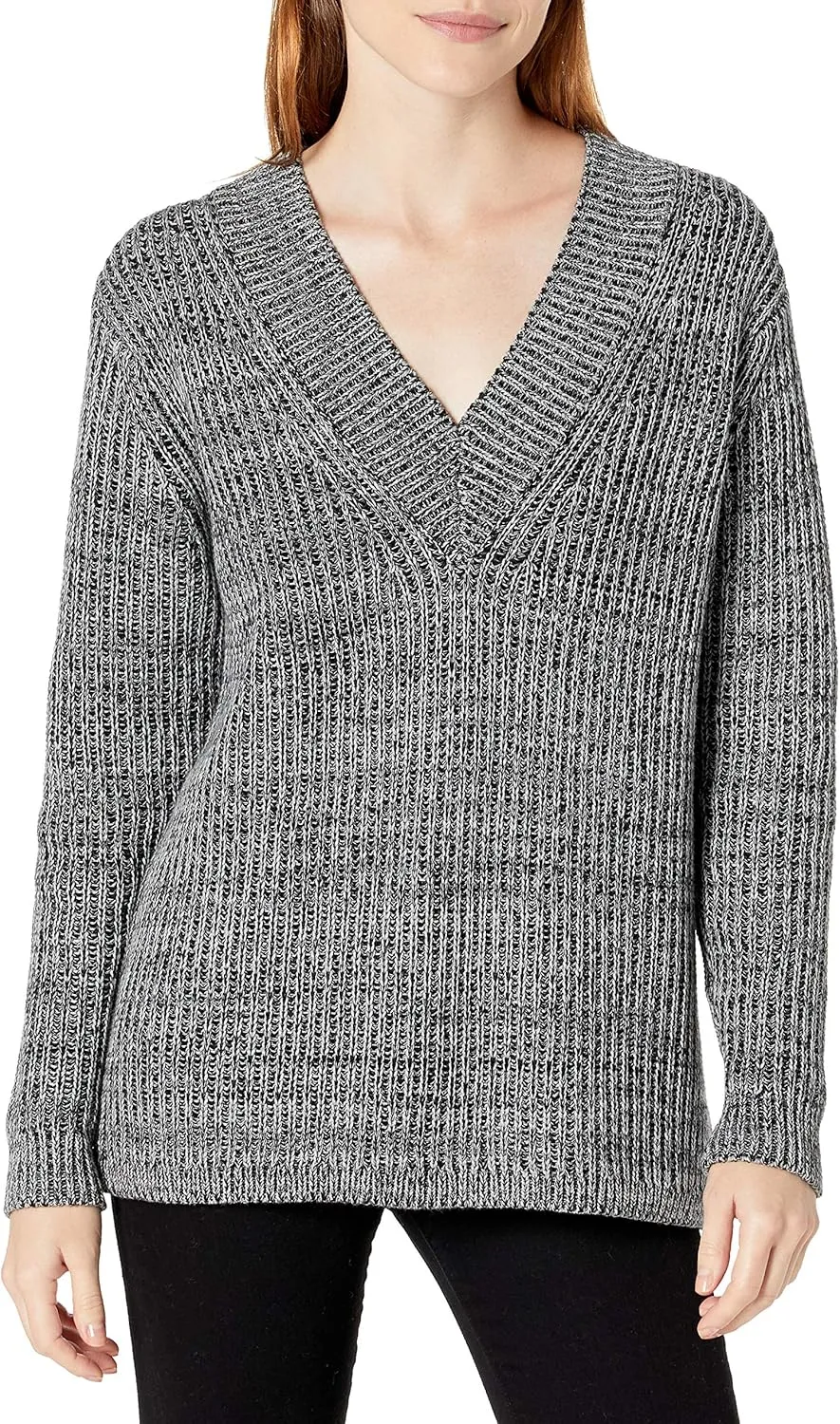 Cable Stitch Women's Chunky Knit Marled V-Neck Sweater - Long Sleeve Oversized Shaker Fisherman Stitch Cotton Pullover Top