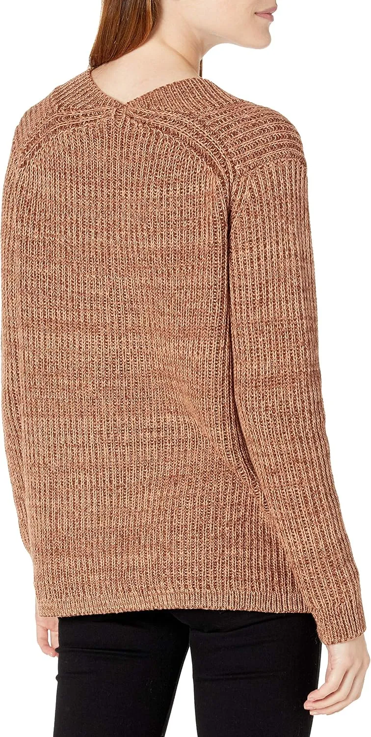 Cable Stitch Women's Chunky Knit Marled V-Neck Sweater - Long Sleeve Oversized Shaker Fisherman Stitch Cotton Pullover Top
