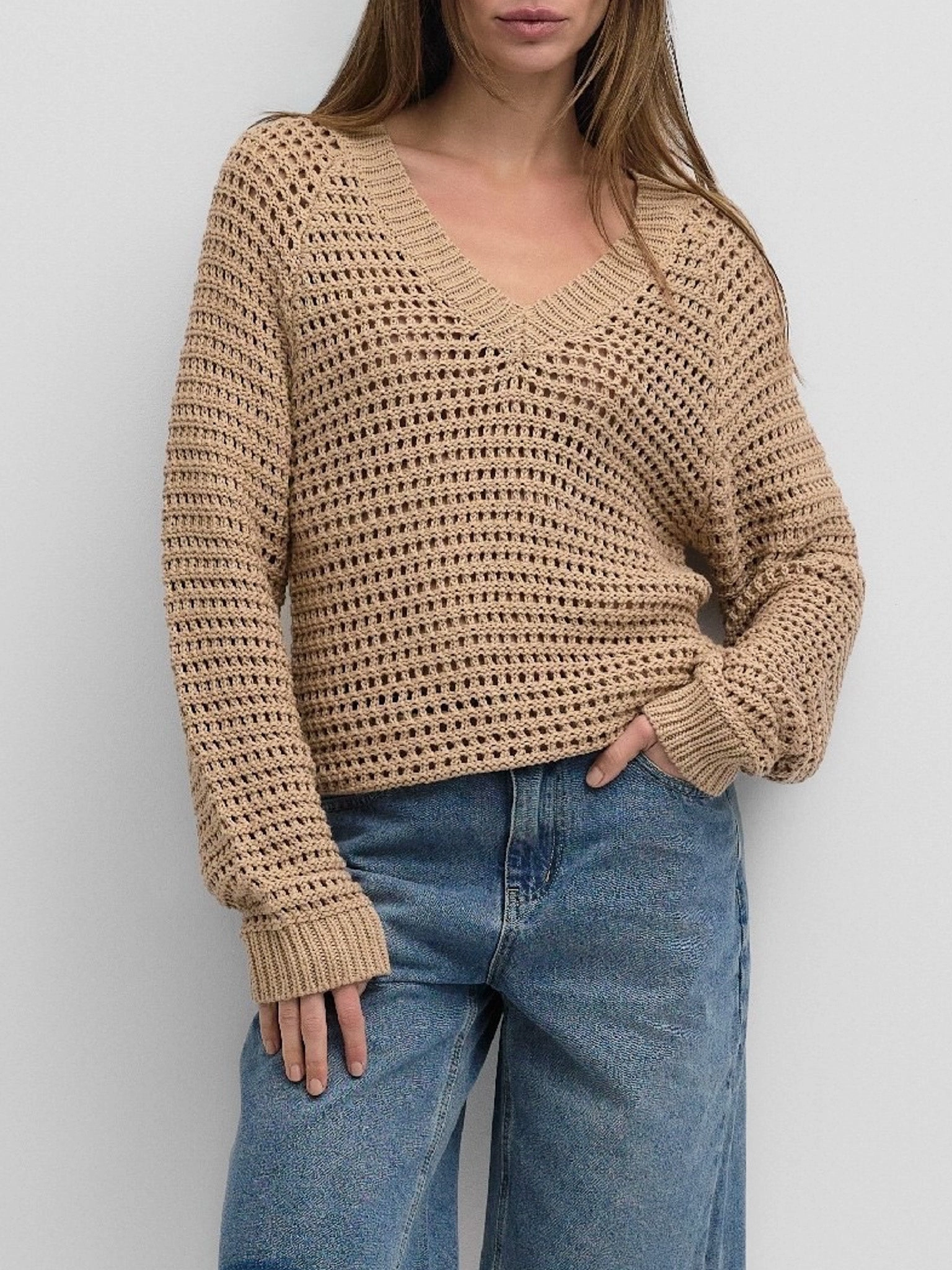 All Day Comfort Layered Stitch Details Camille Crochet Sweater Latte