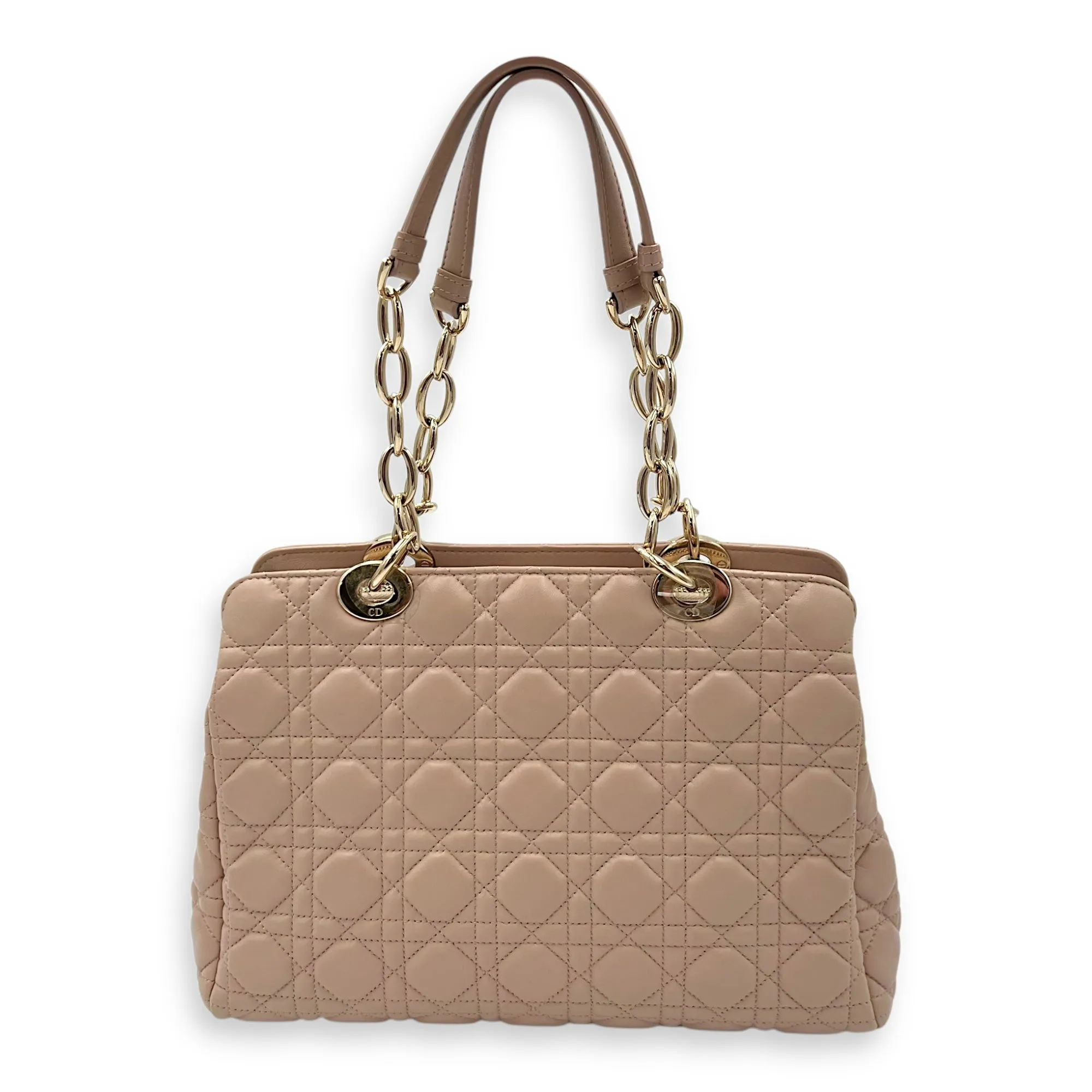 Cannage Tote Bag Beige in Lambskin, Gold hardware