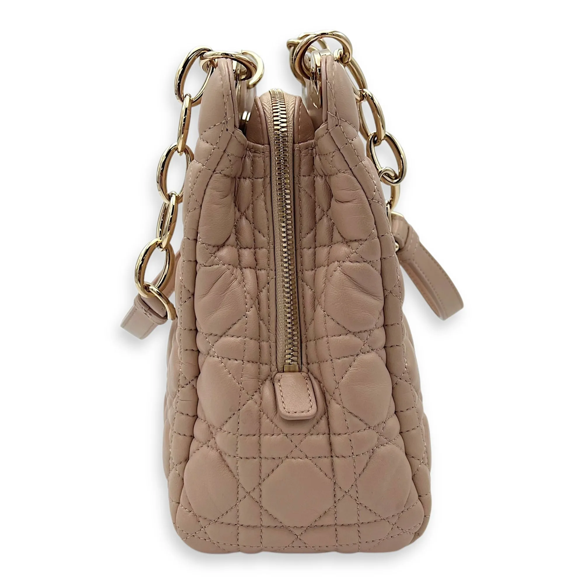 Cannage Tote Bag Beige in Lambskin, Gold hardware