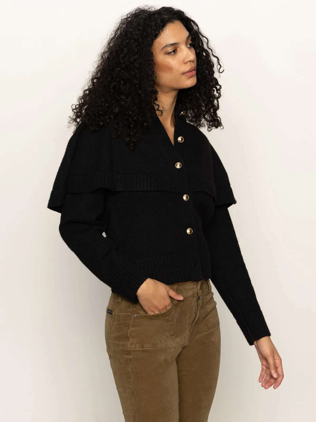 Classic Polo Contrast Stitching Cape Cardi Black