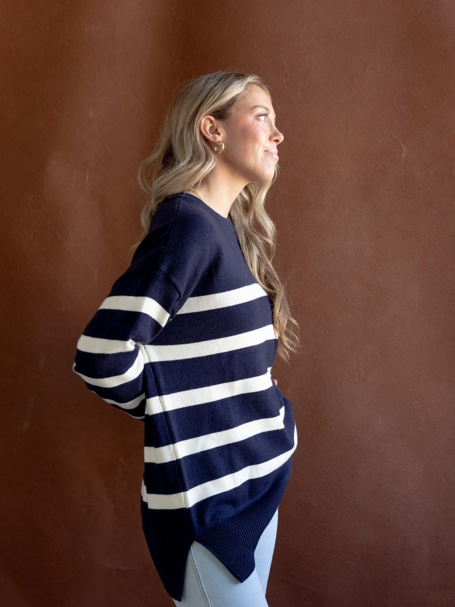 Eco Friendly Dye Flexible Side Gusset Cape Stripe Knit Navy
