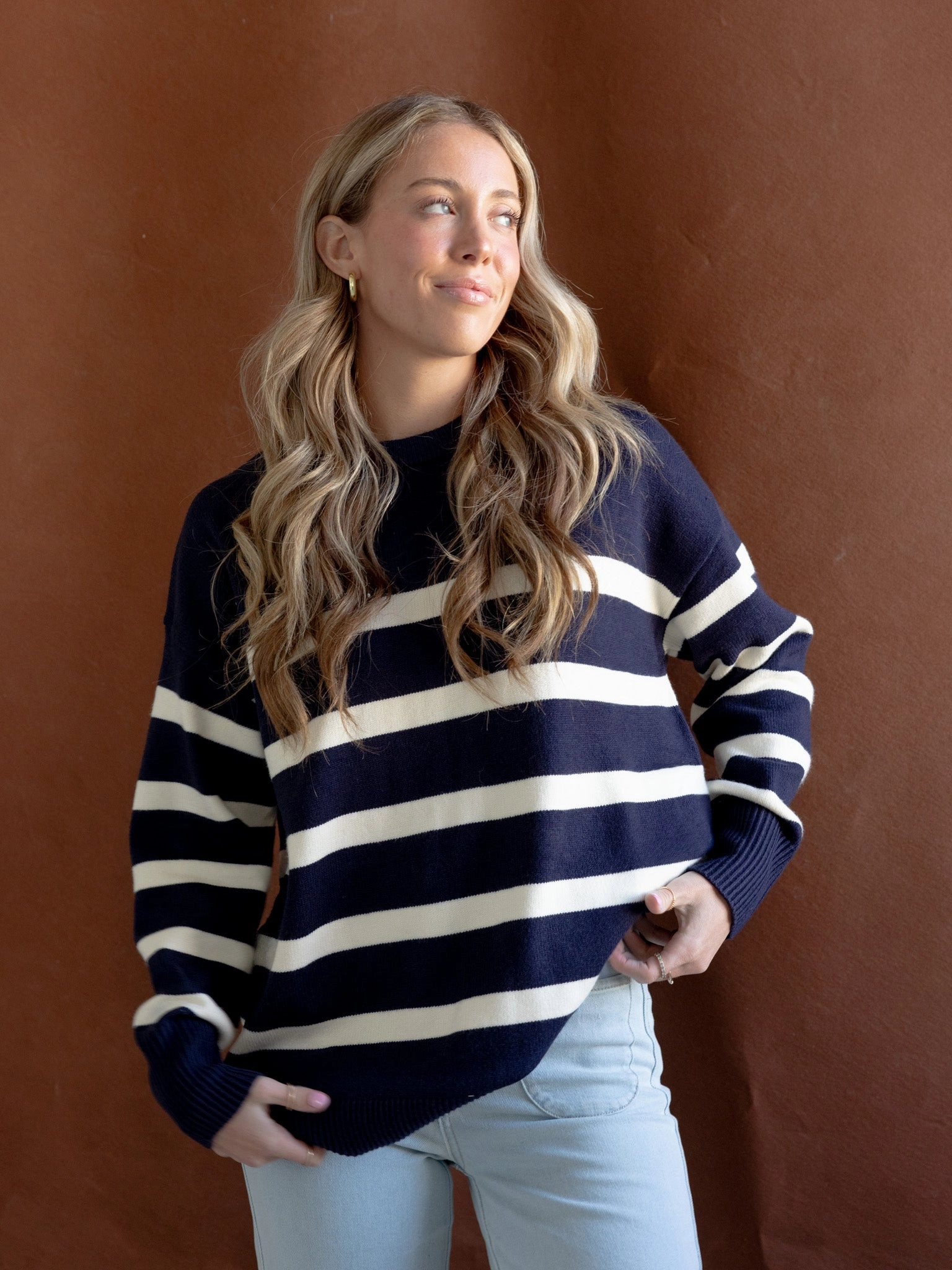 Chic Look Stretch Knit Backing Cape Stripe Knit Navy