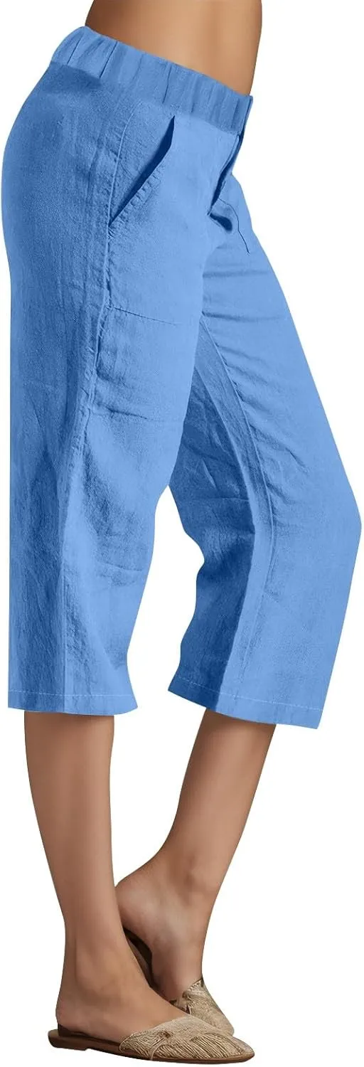 Capris Pants for Women Cotton Linen Casual Pants 2025 Wide Leg Pants Drawstring Elastic Waist Cropped Trouser