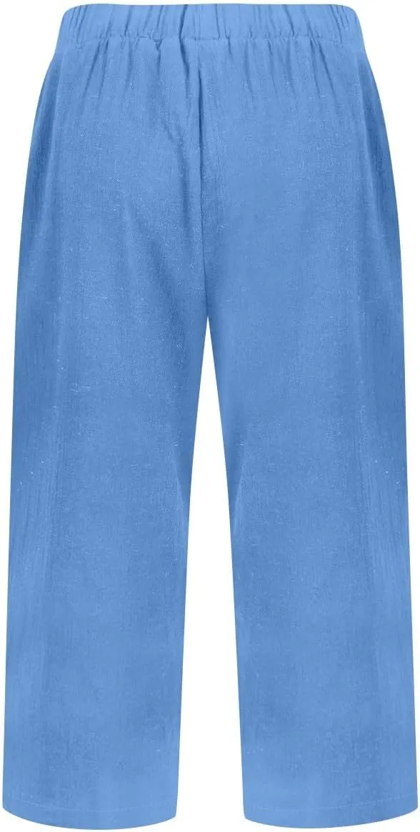 Capris Pants for Women Cotton Linen Casual Pants 2025 Wide Leg Pants Drawstring Elastic Waist Cropped Trouser