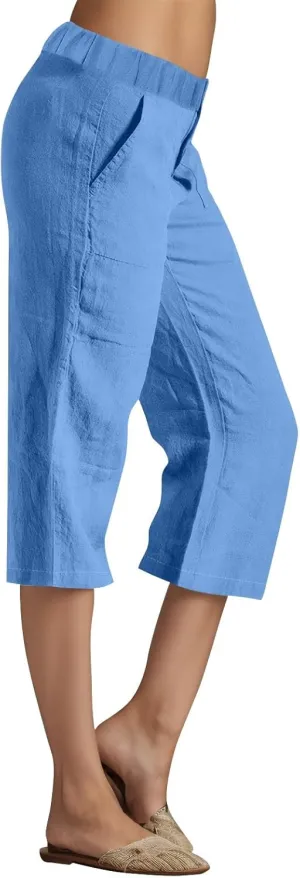 Capris Pants for Women Cotton Linen Casual Pants 2025 Wide Leg Pants Drawstring Elastic Waist Cropped Trouser