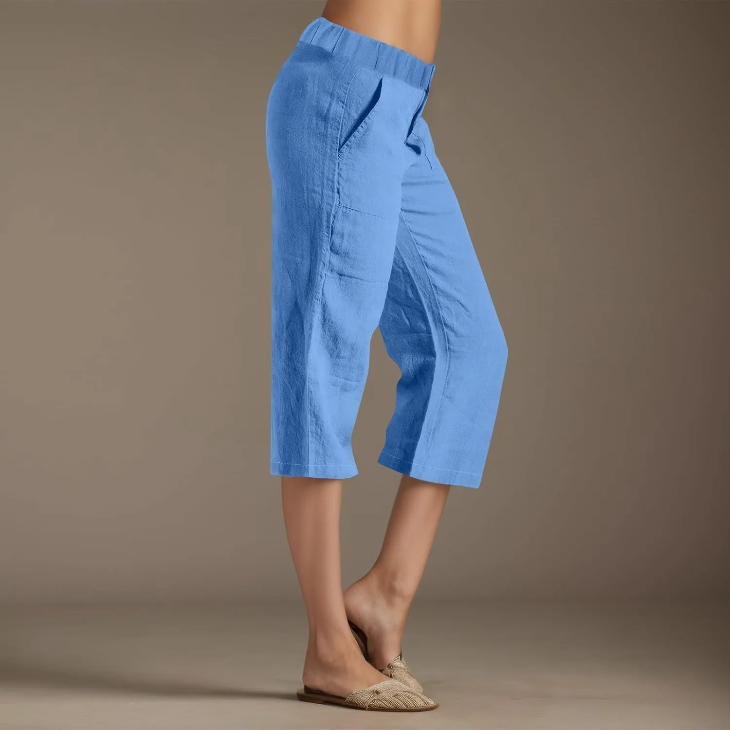 Capris Pants for Women Cotton Linen Casual Pants 2025 Wide Leg Pants Drawstring Elastic Waist Cropped Trouser