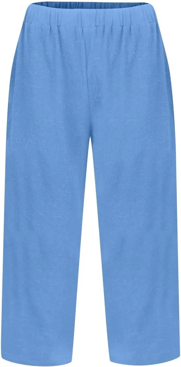 Capris Pants for Women Cotton Linen Casual Pants 2025 Wide Leg Pants Drawstring Elastic Waist Cropped Trouser