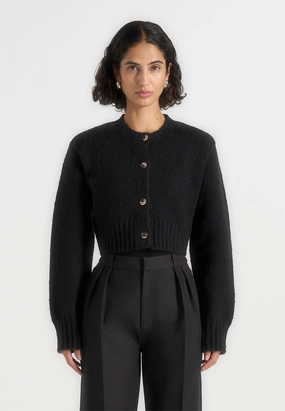 Tonal Stitching Detail Caren - Brushed Wool Knit Cardigan - Black