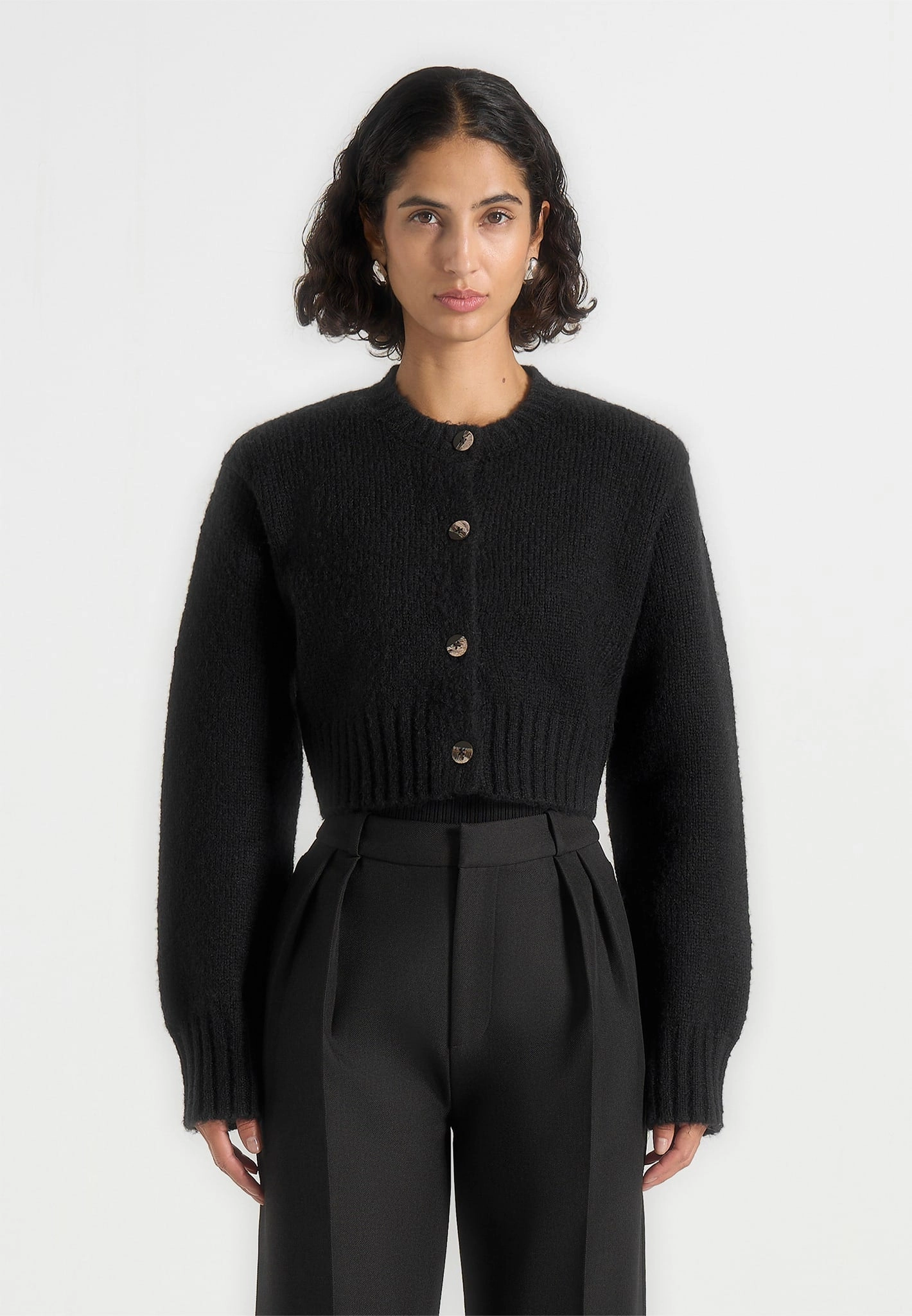 Tonal Stitching Detail Caren - Brushed Wool Knit Cardigan - Black