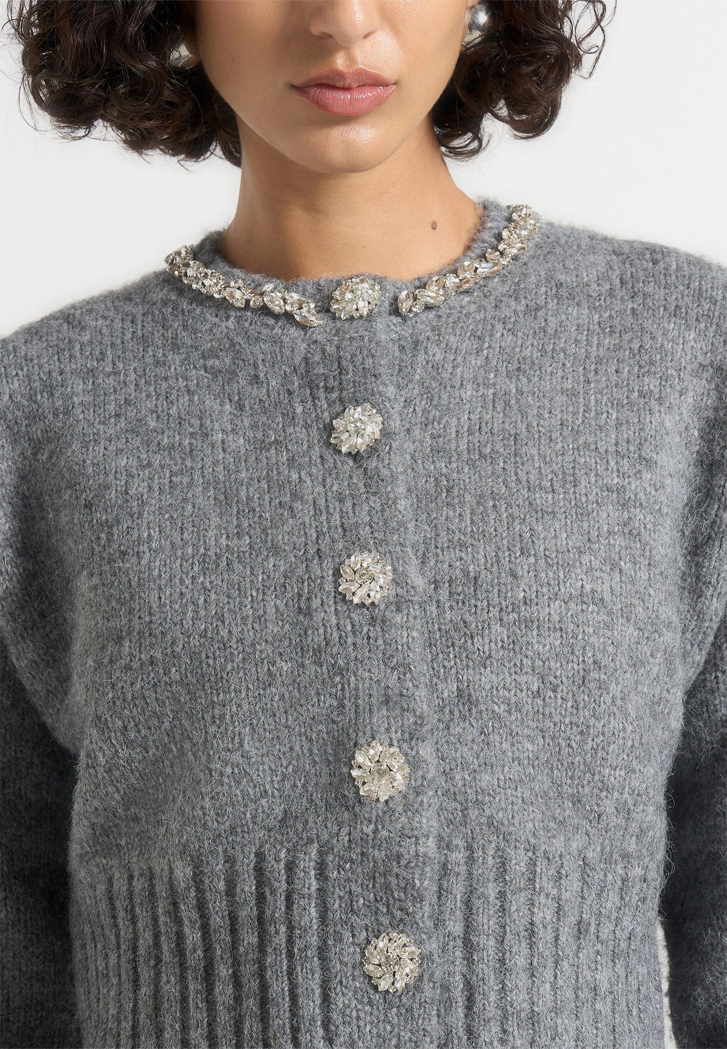 Caren - Embellished Brushed Wool Knit Cardigan - Grey Thermal regulation Mid Season