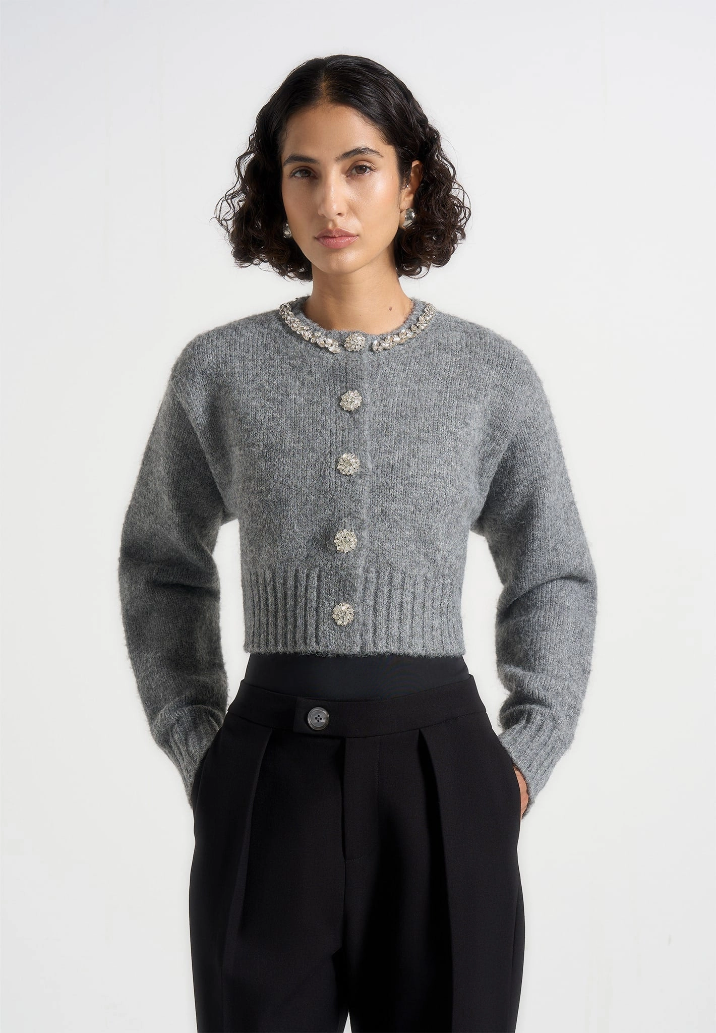 Caren - Embellished Brushed Wool Knit Cardigan - Grey Textured Fabric early morning
