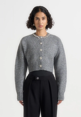 Caren - Embellished Brushed Wool Knit Cardigan - Grey Cool Weather Light Reflective Trims