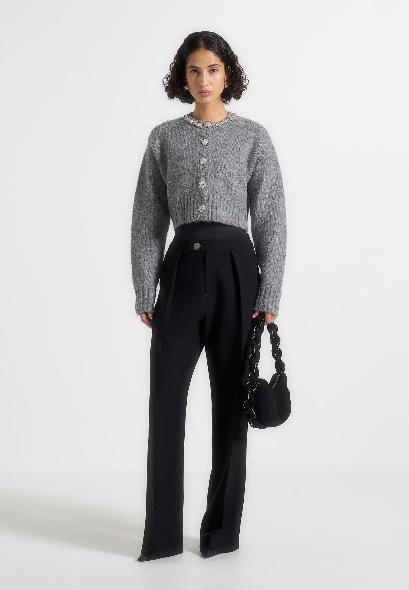 Subtle Detail Light Reflective Trims Caren - Embellished Brushed Wool Knit Cardigan - Grey