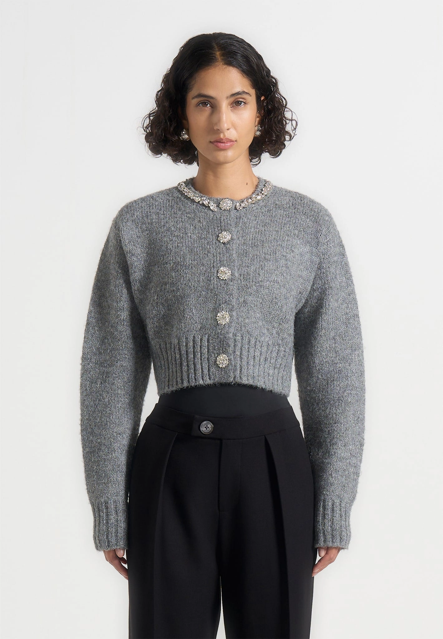 Caren - Embellished Brushed Wool Knit Cardigan - Grey Cool Weather Light Reflective Trims