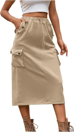 Cargo Skirts for Women Solid High Waist Drawstring Skort with Flap Pockets Casual Comfy Adjustable Knee Length Skirt