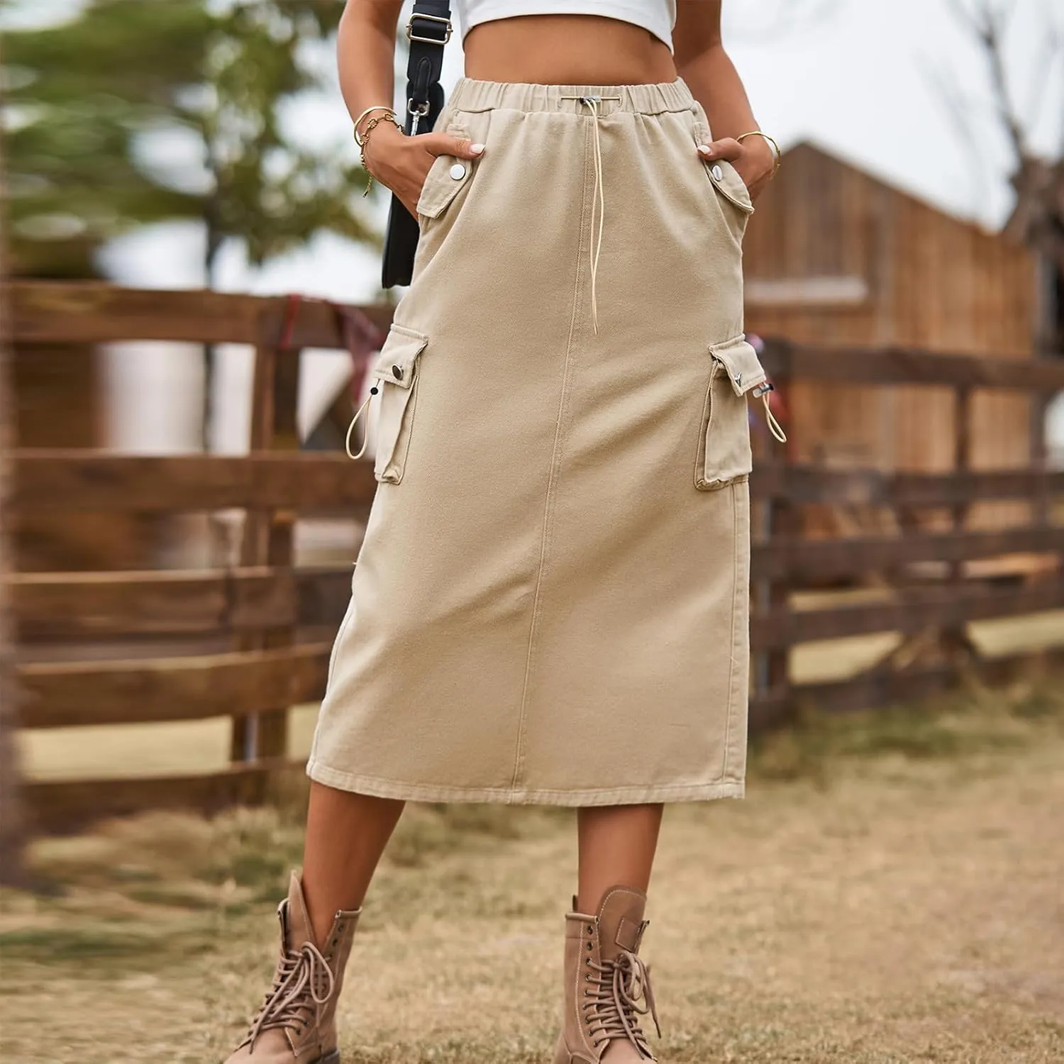 Cargo Skirts for Women Solid High Waist Drawstring Skort with Flap Pockets Casual Comfy Adjustable Knee Length Skirt